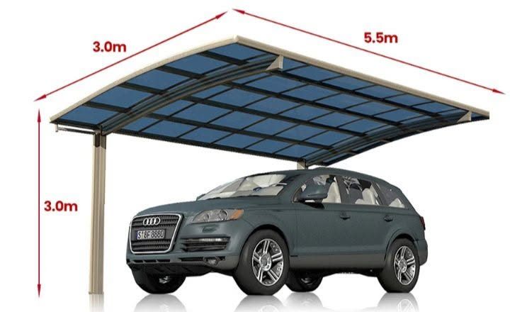 Render of a curved aluminium carport with a blue roof over an SUV, labelled 3.0 m high, 3.0 m wide and 5.5 m long
